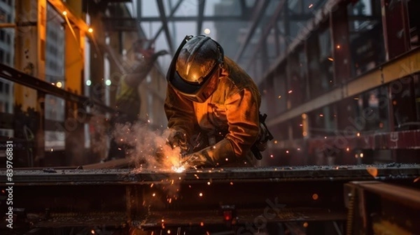 Fototapeta Welder man, a worker welding steel construction frames, wearing a safety helmet, welding electrode sparks.