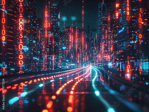 Fototapeta abstract highway path through digital binary towers in city. Concept of big data, machine learning, artificial intelligence, hyper loop, virtual reality, high speed network