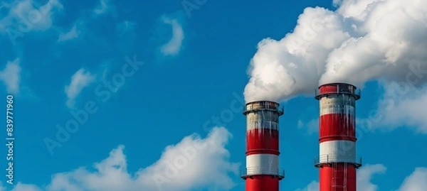 Obraz Energy plant with smoke rising over green fields at sunset, illustrating global climate change.