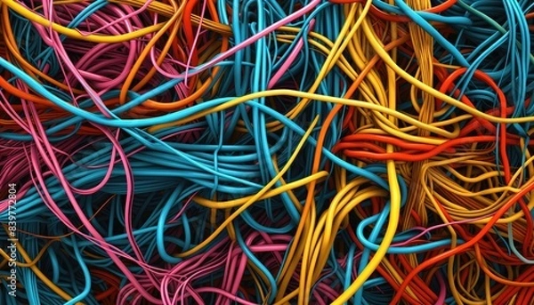 Fototapeta An abstract digital artwork showcasing interconnected wires, pulsating with vibrant energy 🌟⚡ Explore the dynamic world of connectivity in this captivating piece!