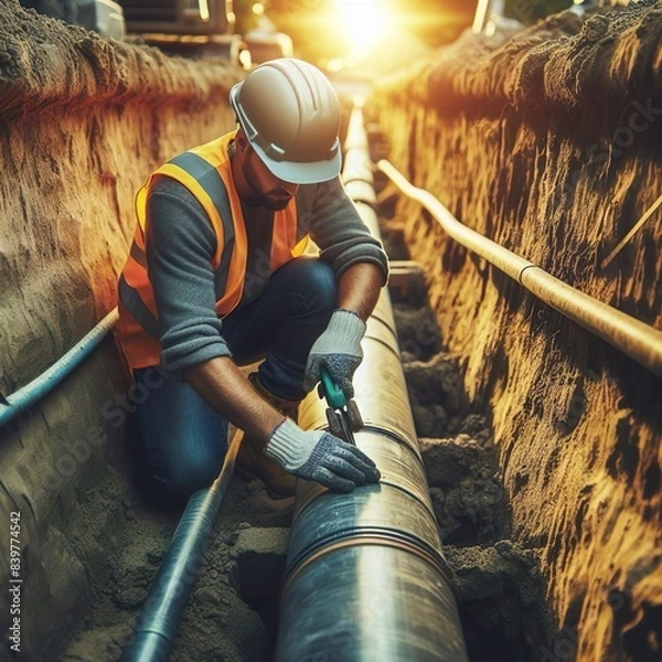 Fototapeta Worker Installing Underground Pipes