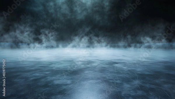 Fototapeta Abstract ice rink background with smoke, fog and a dark sky. A wide empty frozen floor for product presentation in the style of a hockey arena