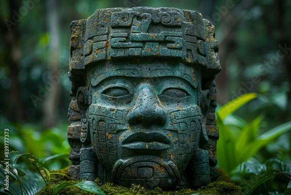 Fototapeta Olmec sculpture carved from stone. Mayan symbol - Big stone head statue in a jungle.generative ai