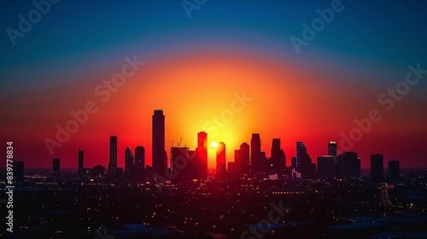 Fototapeta Sunset Over a City Skyline: Capture the dramatic colors of a sunset casting warm orange and red hues over the silhouette of a city skyline, with the cool blue sky providing a striking backdrop.