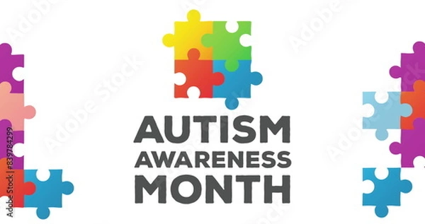 Fototapeta Image of Autism Awareness Month text and jigsaw puzzle forming a square against white background