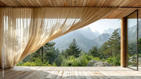 Fototapeta The ethereal movement of fabric blowing in the breeze, framed by a wooden door and the natural beauty of a forest and mountain vista. shiny, Minimal and Simple,