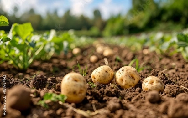 Fototapeta Photo of potatoes in the ground, growing on land background. parade of potato, harvest concept.