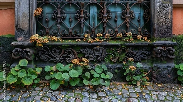 Fototapeta The bottom of the gate where it meets a cobblestone path, with small plants and flowers growing around the base, merging the natural landscape with the ornate, man-made structure. shiny, Minimal and