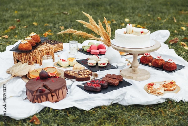 Fototapeta Sweet Indulgence: Array of Desserts on Picnic Blanket