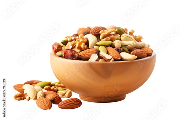 Fototapeta A wooden bowl filled with a variety of healthy mixed nuts, including almonds, walnuts, and seeds, isolated on transparent background.