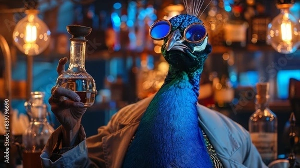 Fototapeta A peacock in sunglasses holds a bottle of liquor at a bar.  The bird is stylish and cool, with a confident expression.  The background is a blur of colorful lights and bottles.