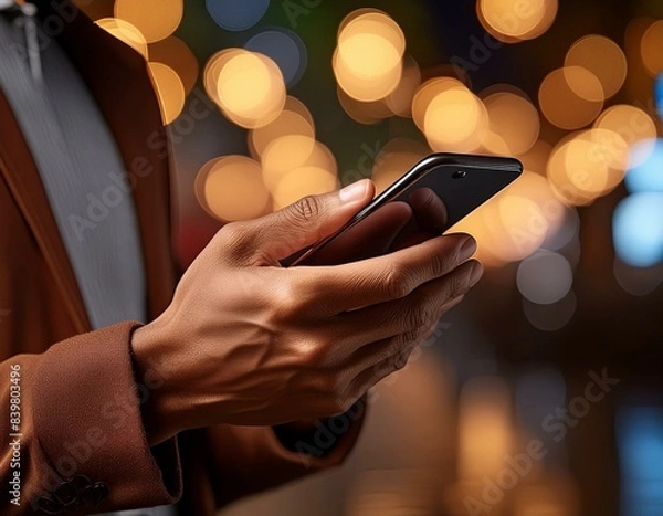 Fototapeta A man uses a mobile phone .,Checking in on texts from clients