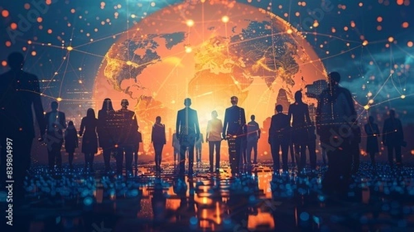 Fototapeta A digital illustration of a business network concept with a crowd and global map background, people standing in a group. Business technology for connecting various individuals to form international