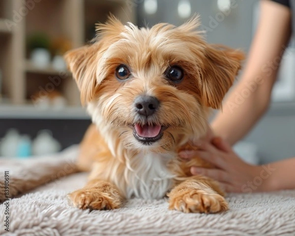 Fototapeta Adorable small dog with fluffy fur smiling and lying on a cozy blanket, capturing a moment of happiness and comfort.