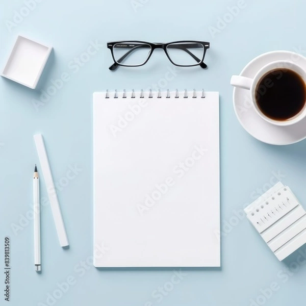 Fototapeta blogger working space arrangement flat lay top view of desk with a blue concept