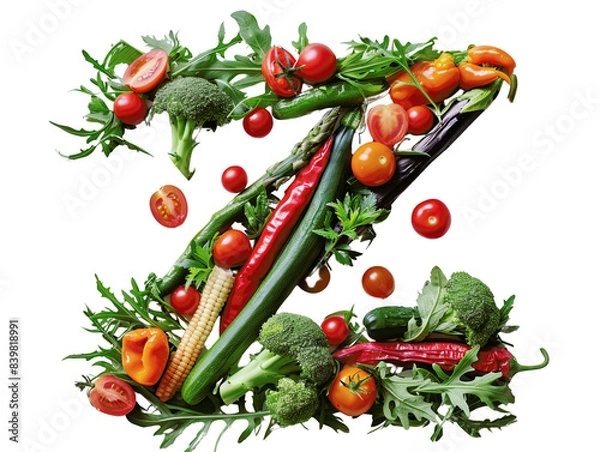 Fototapeta Fresh vegetables arranged in the shape of the letter Z, isolated on a white background, featuring tomatoes, broccoli, corn, and peppers.