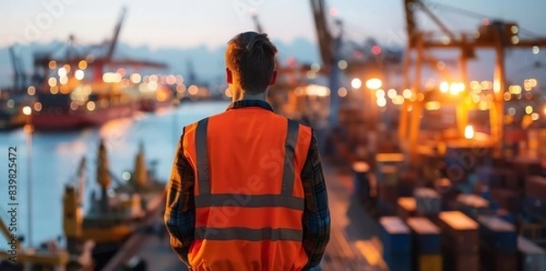 Fototapeta Gritty industrial scene of port with cargo containers and cranes, professional worker in high vis vest overlooking harbor at dusk, back view looking over shoulder towards camera
