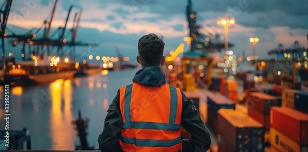Obraz Gritty industrial scene of port with cargo containers and cranes, professional worker in high vis vest overlooking harbor at dusk, back view looking over shoulder towards camera