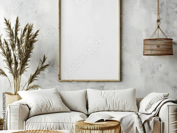 Obraz Mockup frame in farmhouse living room interior,