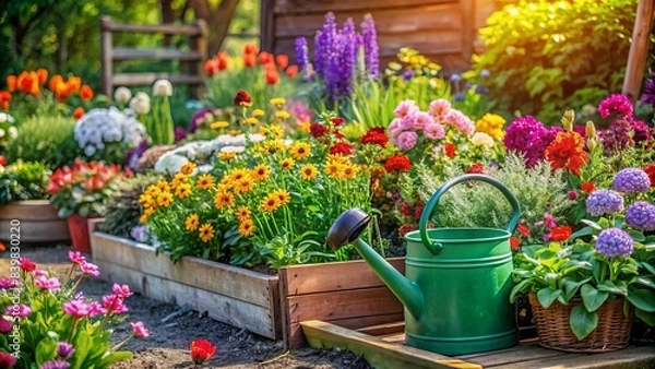 Fototapeta Colorful spring garden scene with vibrant flowers and lush greenery in raised bed, freshly watered, with a plastic watering can sitting beside it.