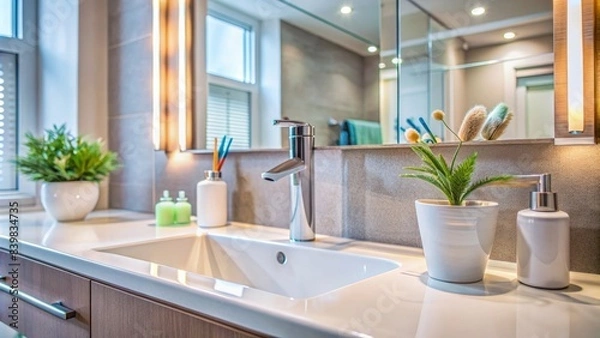 Fototapeta Modern bathroom sink counter with two toothbrushes, toothpaste, and a mirror reflecting a blurred vanity area, conveying a sense of intimacy and shared morning routine.