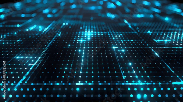 Fototapeta Abstract background of glowing blue isometric grid on black. Digital, tech, data, science concept.   
