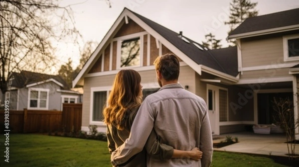 Fototapeta A couple standing in front of a house, looking at it