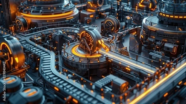 Fototapeta Futuristic industrial factory with advanced machinery and glowing lights. High-tech production line with complex mechanical components.