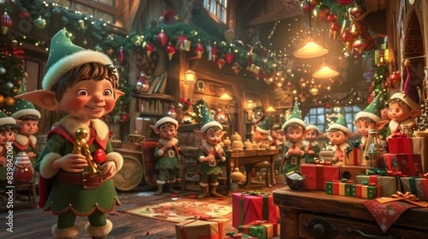 Fototapeta Santa's workshop filled with busy elves making toys and wrapping presents for Christmas 3D cartoon Generative AI
