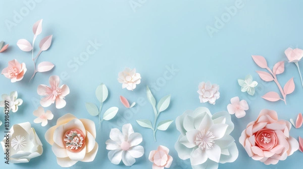 Fototapeta Photo of A border made from paper flowers on blue background, top view with copy space for text and pastel color palette