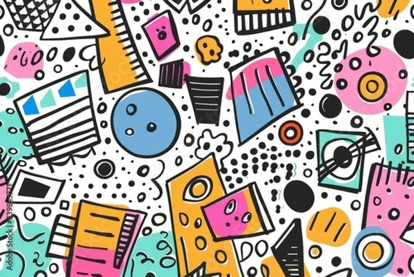 Fototapeta Cartoon cute doodles of cheerful dots and lines interacting with geometric shapes, Generative AI