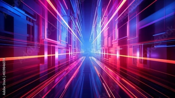 Fototapeta Futuristic Neon Light Tunnel with Fast-Moving Digital Pathway.