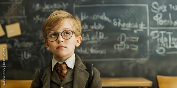 Fototapeta A young boy in glasses standing in front of a blackboard.