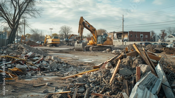 Fototapeta Construction and demolition waste at the project site, piles of concrete rubble, wood and metal scattered around, heavy equipment and workers busy in the background, Ai generated images