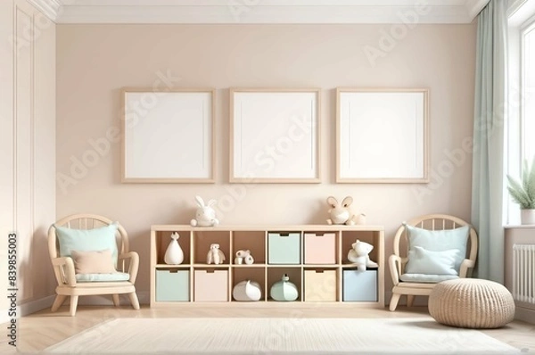 Fototapeta Mock up picture frame in children room interior background, neutral colours, 3D render