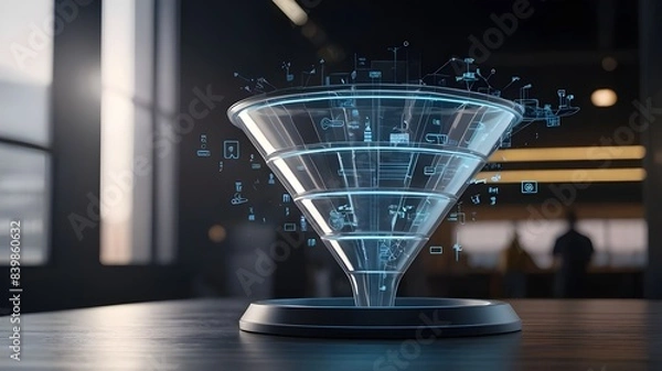 Fototapeta 3D model of a sales funnel for use in marketing materials that highlight how AI technology may lead to successful business expansion. Idea of AI technology, business expansion, and augmented reality