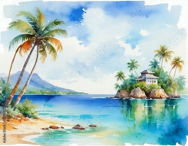 Fototapeta Watercolor illustration of a tropical island with palm trees and crystal-clear waters.
