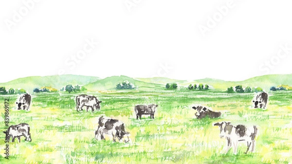 Obraz 水彩で描いたのどかな牧草地と牛の風景イラスト