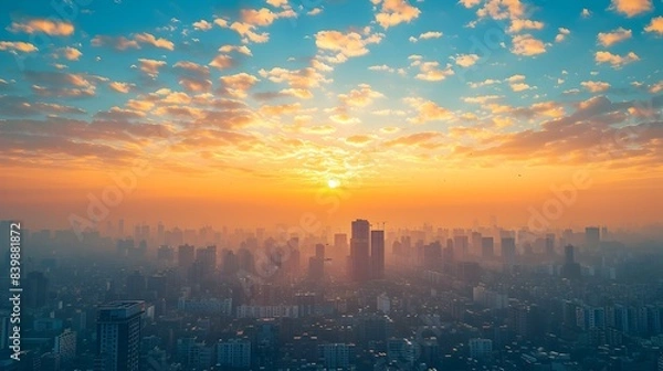 Fototapeta Vibrant Sunrise Illuminating Bustling Cityscape Symbolizing New Opportunities and Embracing Energy of Fresh Beginnings