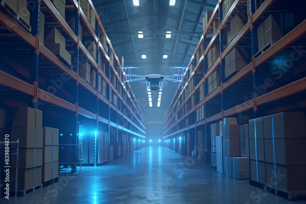 Fototapeta 物流倉庫内で荷物を運ぶドローンの背景素材イメージ写真