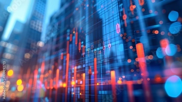 Fototapeta 3D render of an upward trending graph with bar lines, placed on top of digital media in front of office buildings, symbolizing business growth and success. The background is blurred to focus