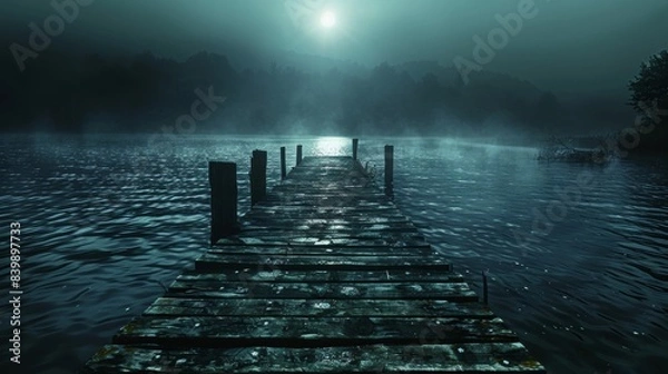 Obraz Dramatic view of a wooden pier reaching out over dark, reflective waters, creating a contemplative and adventurous atmosphere