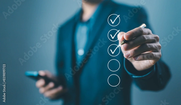 Obraz detail business verify task. checklist concept, task audit in a list of documents, tick the checkmark in the survey item. tick mark evaluation in options check form online, process order