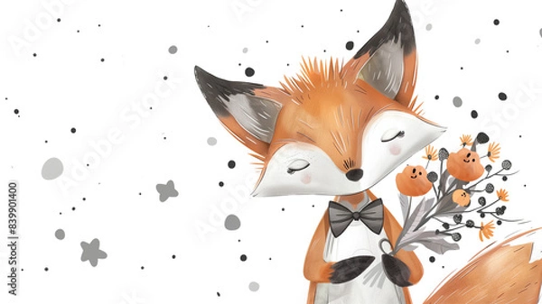Obraz A cute fox wearing a bowtie and holding a bunch of flowers, as a children's card design with monochrome colors, a white background with black stars and grey dots,