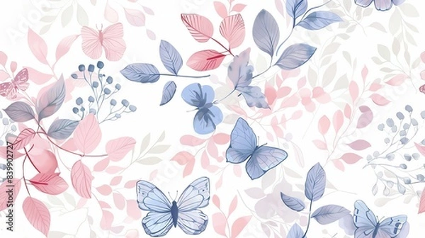 Fototapeta Soft pastel butterflies and leaves, hand-drawn seamless floral pattern with flora