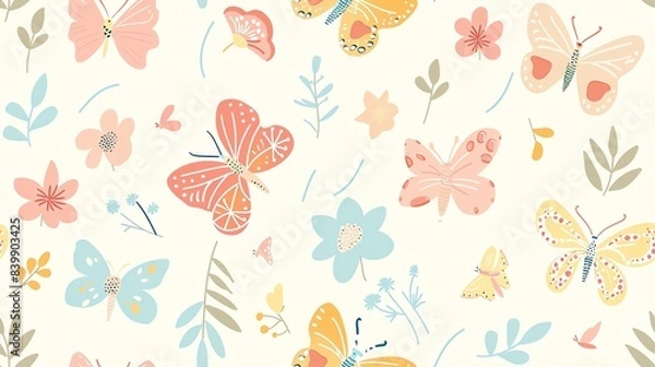 Fototapeta Whimsical seamless pattern of hand-drawn butterflies, flowers, and leaves in pastel colors