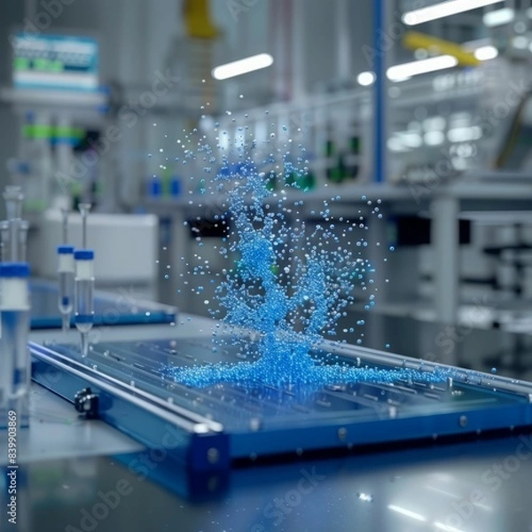 Obraz Blue liquid splashing on a laboratory table, creating a dramatic spray and droplets.  A visual representation of scientific exploration.