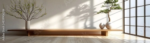 Fototapeta Minimalist Japanese Zen Room with Floating Wooden Table for Calm Product Display