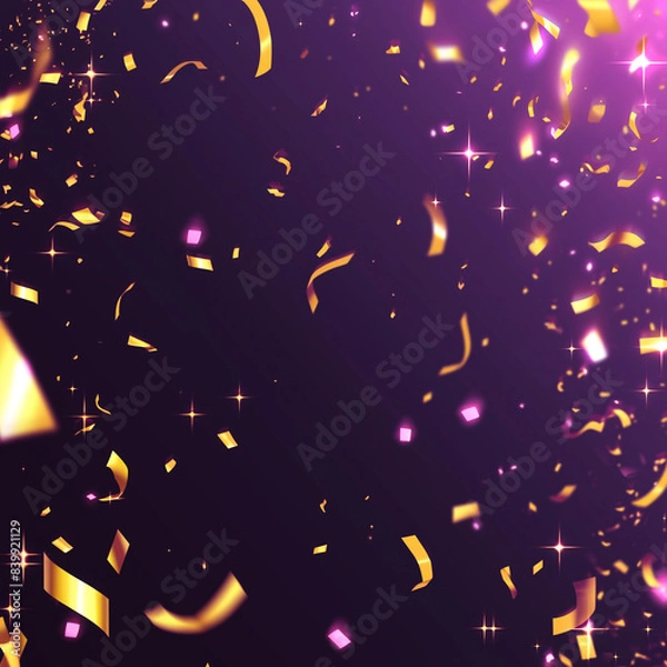 Fototapeta ゴールドの紙吹雪が舞う紫色の背景　Generative AI