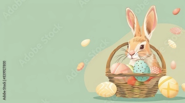Obraz Cute bunny rabbit in a basket with colorful Easter eggs.